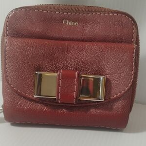 Chloe Vintage Red Leather double-sided Bifold Compact Wallet With Bow